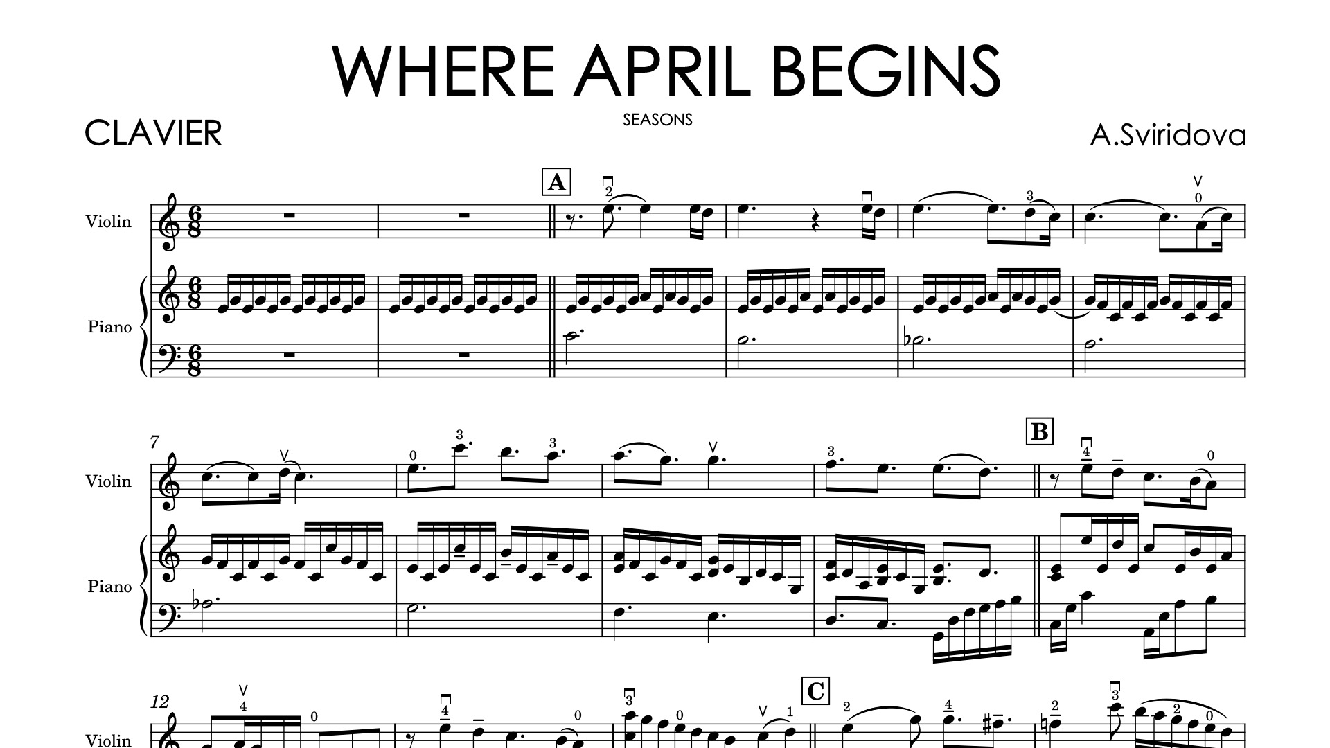 Aleksandra Sviridova – Where April Begins - from 'Seasons' | Original Violin & Piano Sheet Music + Backing Tracks